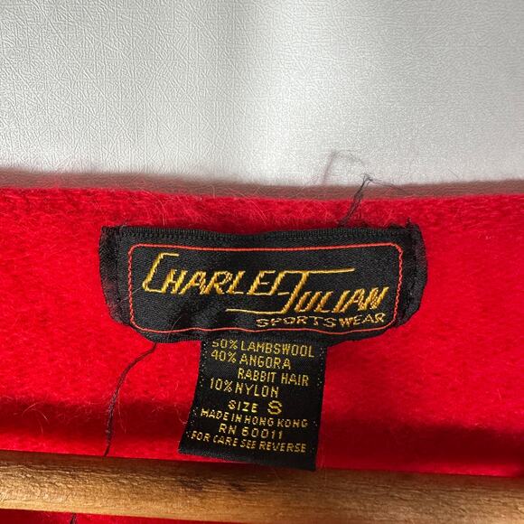 Vintage Charles Julian Red V-Neck Sweater S Lambswool Angora Blend Hong Kong - Picture 3 of 12